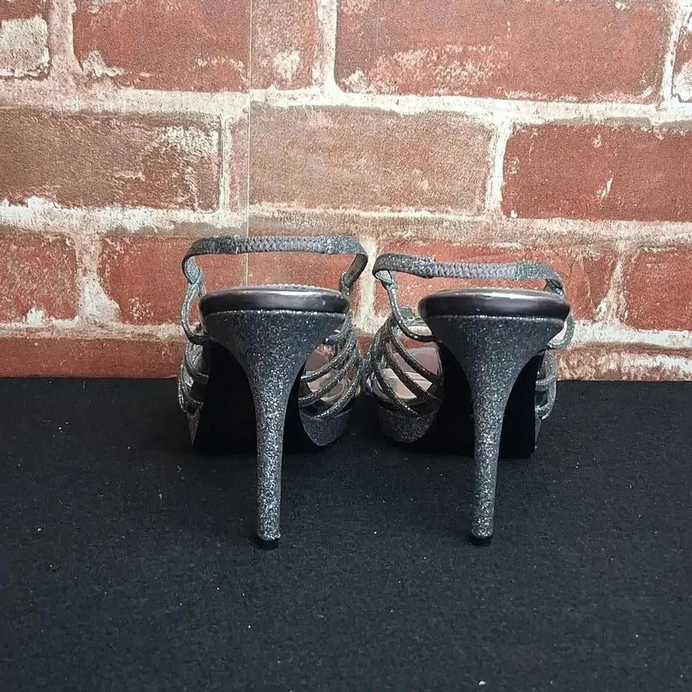 Nina New York Heels Womens Size 7.5 Silver Sparkle Strappy - Picture 2 of 5